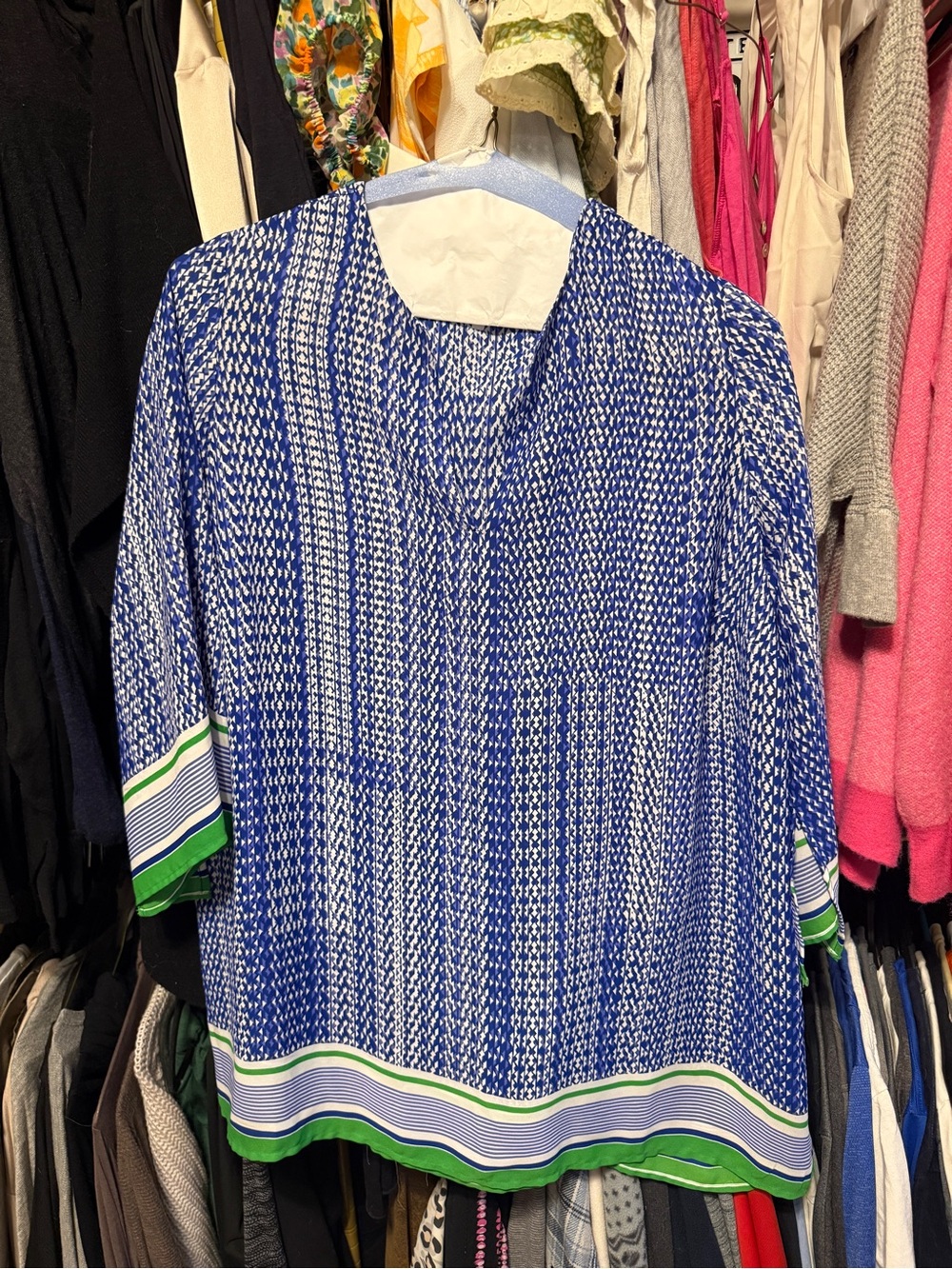 Violet & Claire Blue Printed V-Neck Tunic with Green Trim Accents
